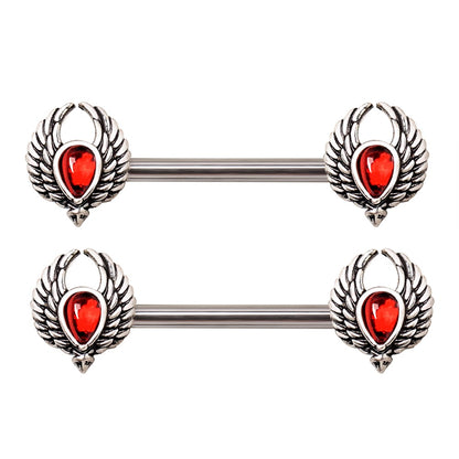 Red CZ Crystal Winged Red Tear Drop Nipple Barbells - Stainless Steel - Pair