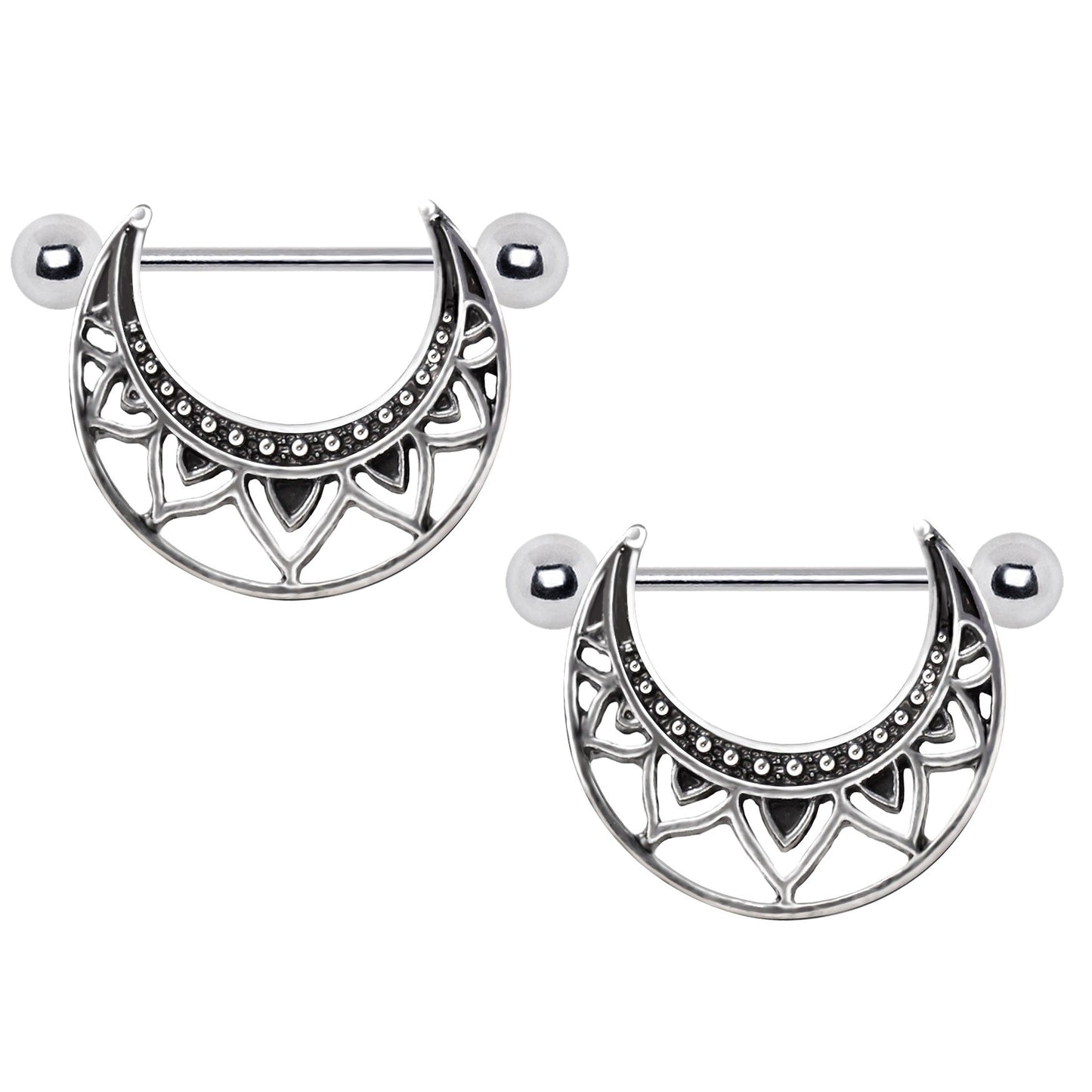 Tribal Crescent Moon Half Circle Nipple Rings - Stainless Steel - Pair