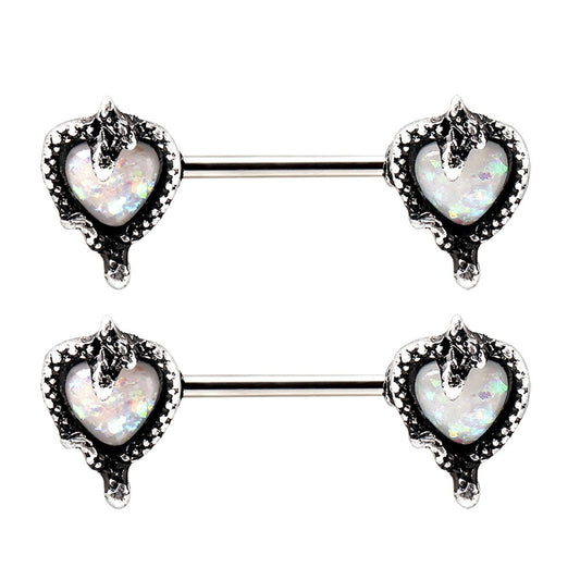 Synthetic Opal Heart and Snake Nipple Barbells - 316L Stainless Steel - Pair