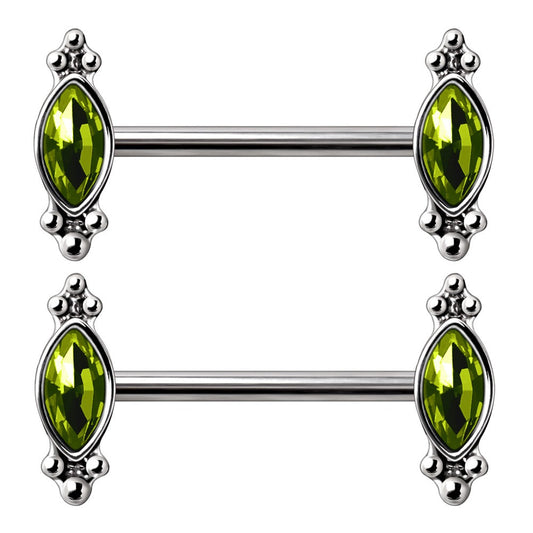 Green Ornate CZ Crystal Nipple Barbells - 316L Stainless Steel - Pair