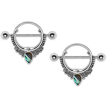 Abalone Teardrop Ornate Nipple Shields - Stainless Steel - Pair