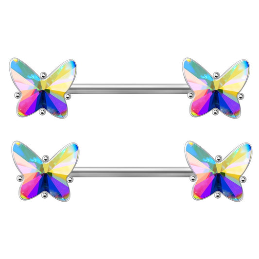 Crystal Aurora Borealis Butterfly Nipple Barbells - Stainless Steel - Pair