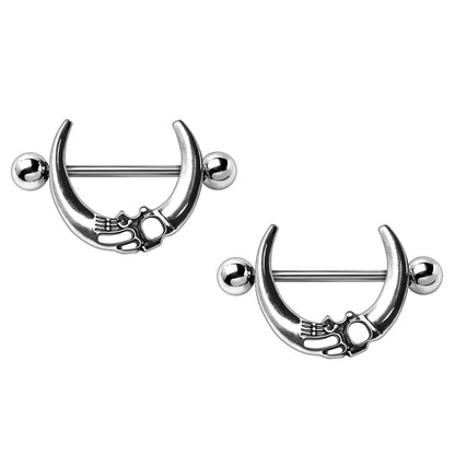 Gothic Skull Crescent Moon Nipple Shields - Stainless Steel - Pair