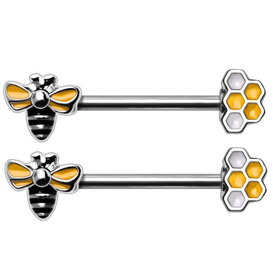 Bee and Honeycomb Nipple Barbells - 316L Stainless Steel - Pair