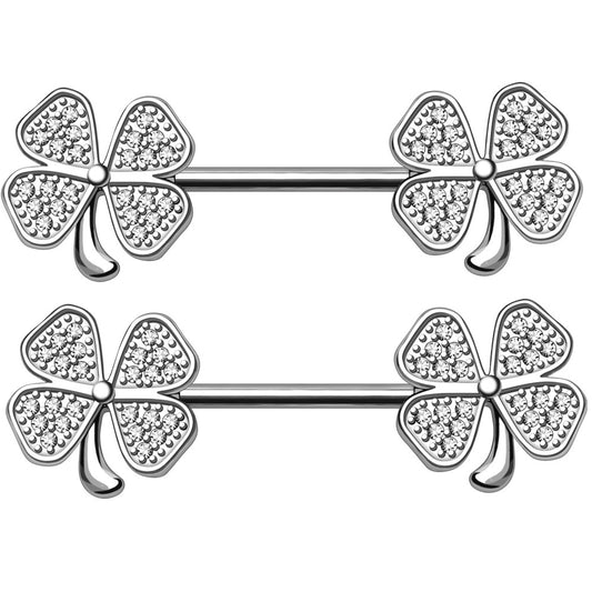 Sparkling Jewled Lucky CLover Leaf Nipple Barbells - 316L Stainless Steel - Pair