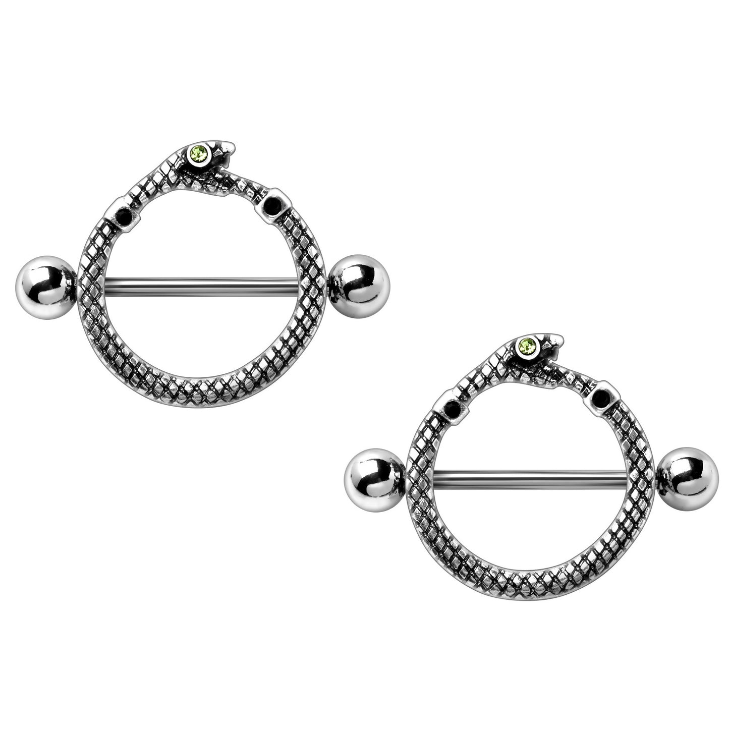 Full Circle Snake Biting Tail Barbell Nipple Shield Rings - 316L Stainless Steel - Pair