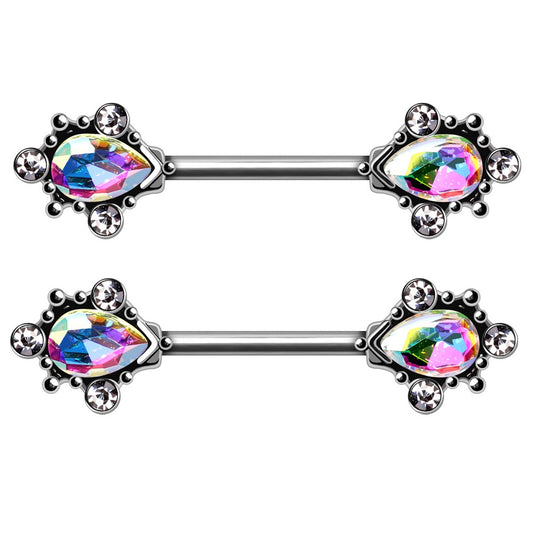 Vintage Ornate Teardrop design with CZs Nipple Barbells - 316L Stainless Steel - Pair