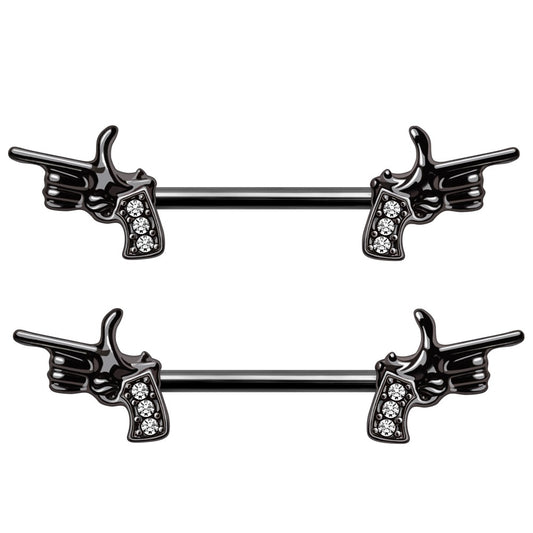 Black Hand Pistol Nipple Barbells - Stainless Steel - Pair