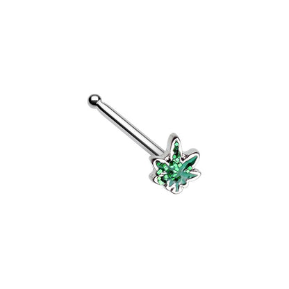 Green Glitter Pot Leaf Nose Bone Stud - Stainless Steel