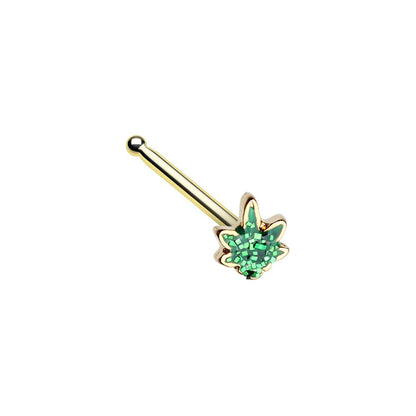 Green Glitter Pot Leaf Nose Bone Stud - Stainless Steel