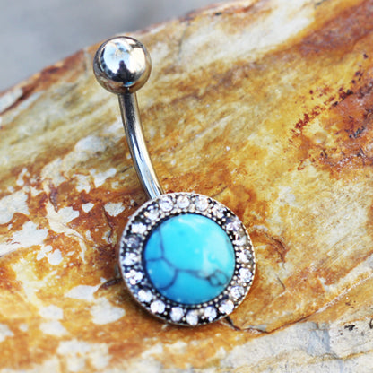 Antique Jeweled Turquoise Belly Button Ring - 316L Stainless Steel