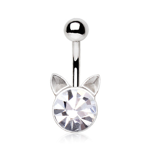 CZ Crystal Cat Head Belly Button Ring - 316L Stainless Steel