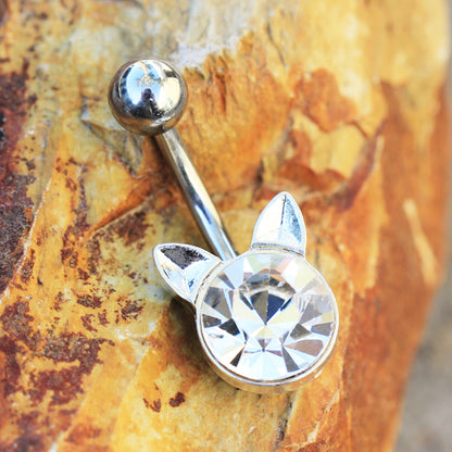 CZ Crystal Cat Head Belly Button Ring - 316L Stainless Steel