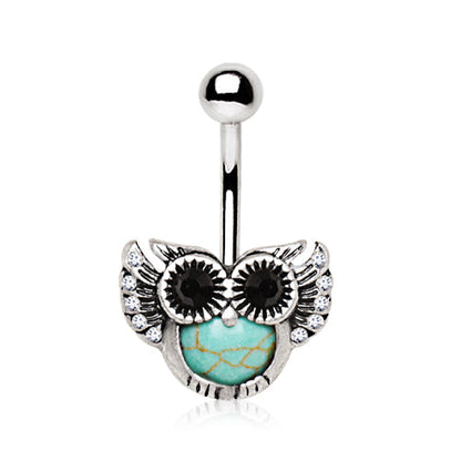 Turquoise Owl Belly Button Ring in with CZ Gem Accents - 316L Stainless Steel