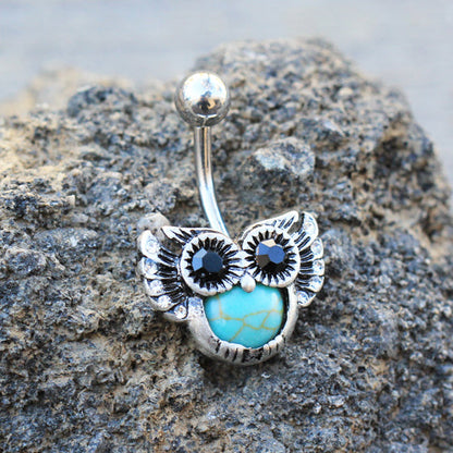 Turquoise Owl Belly Button Ring in with CZ Gem Accents - 316L Stainless Steel