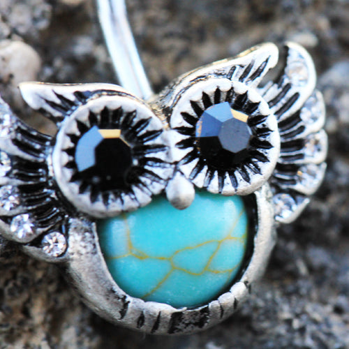 Turquoise Owl Belly Button Ring in with CZ Gem Accents - 316L Stainless Steel