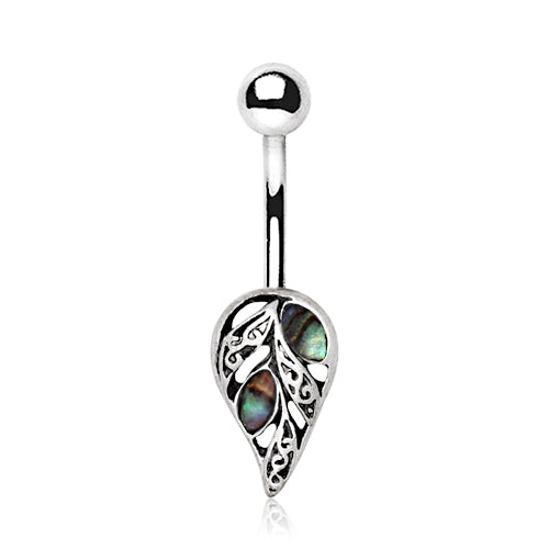 Natural Abalone Shell Filigree Leaf Belly Button Ring - 316L Stainless Steel