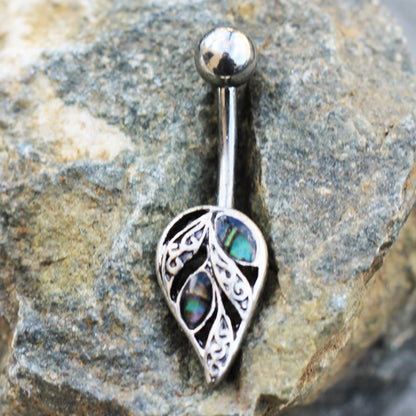 Natural Abalone Shell Filigree Leaf Belly Button Ring - 316L Stainless Steel