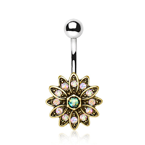 Golden Aurora Borealis Crystal Flower with Synthetic Opal Center Belly Button Ring - 316L Stainless Steel