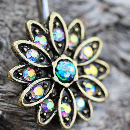 Golden Aurora Borealis Crystal Flower with Synthetic Opal Center Belly Button Ring - 316L Stainless Steel