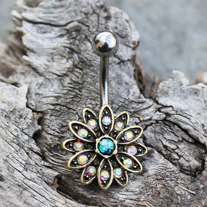 Golden Aurora Borealis Crystal Flower with Synthetic Opal Center Belly Button Ring - 316L Stainless Steel