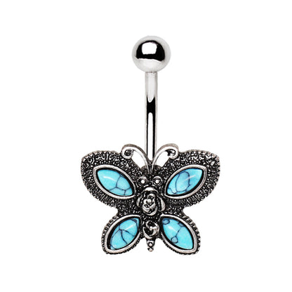 Antique Turquoise Butterfly Belly Button Ring - 316L Stainless Steel