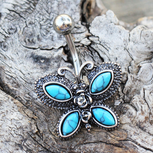 Antique Turquoise Butterfly Belly Button Ring - 316L Stainless Steel