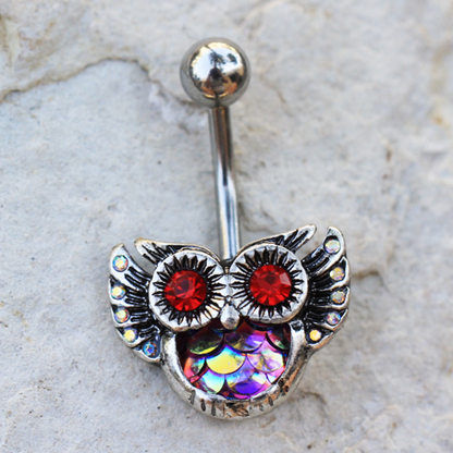 Red Aurora Owl Belly Button Ring - 316L Stainless Steel