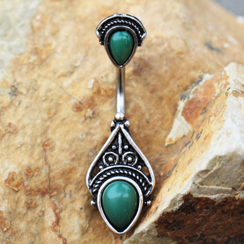 Antique Victorian Design Synthetic Jade Stone Belly Button Ring - 316L Stainless Steel