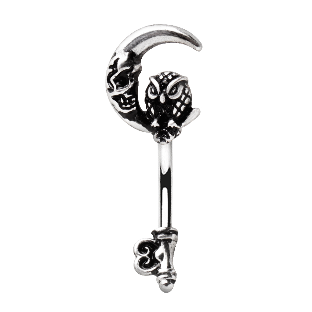 Gothic Owl on the Moon Skeleton Key Belly Button Ring - Stainless Steel