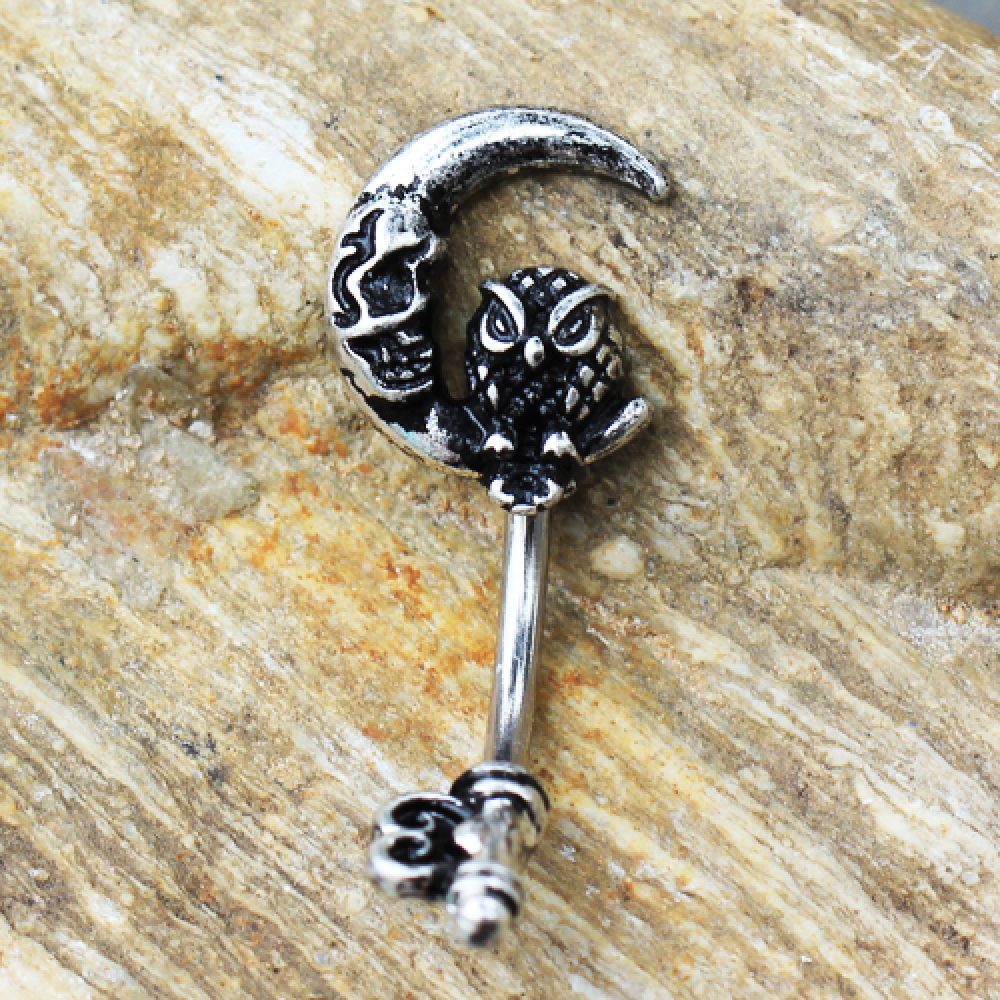 Gothic Owl on the Moon Skeleton Key Belly Button Ring - Stainless Steel