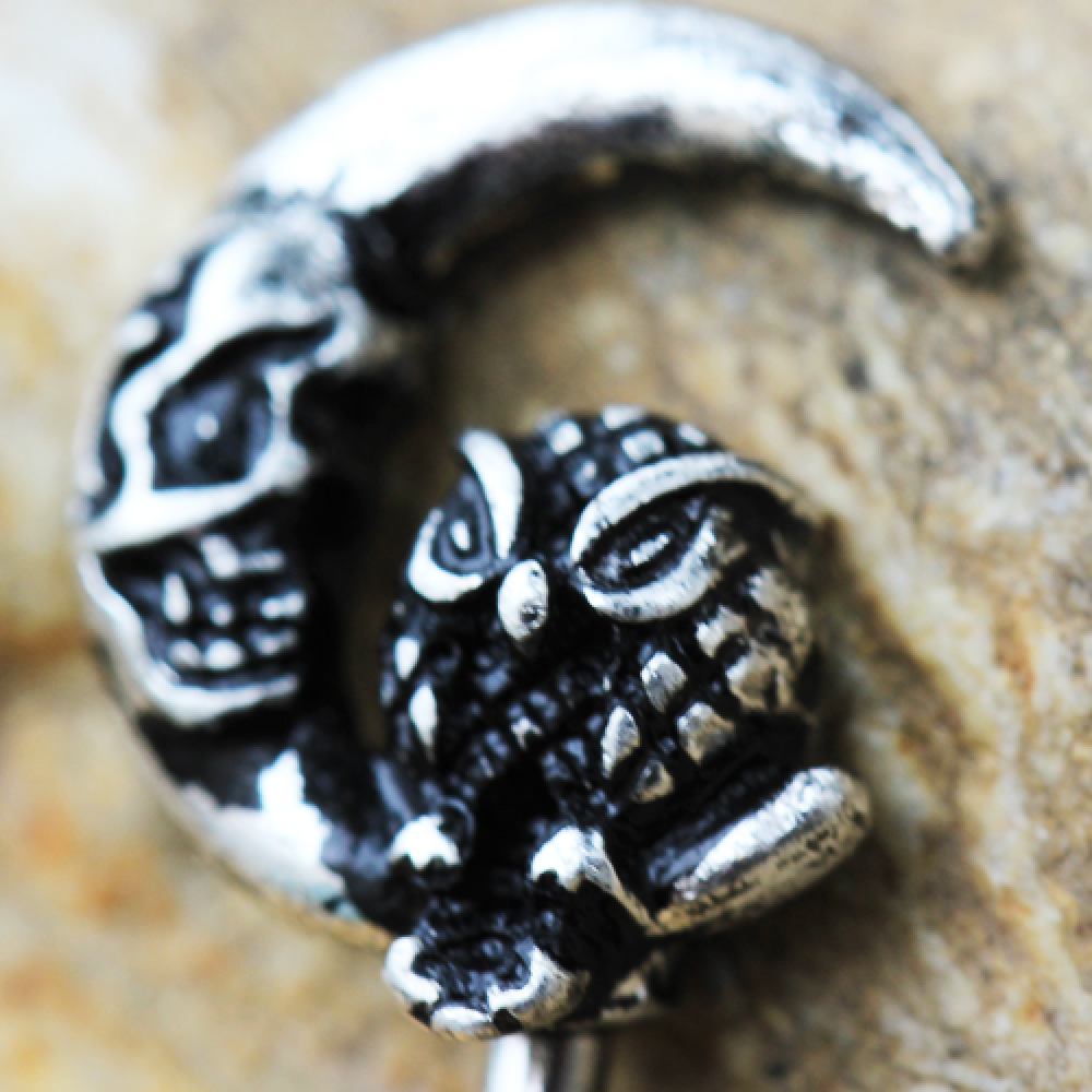 Gothic Owl on the Moon Skeleton Key Belly Button Ring - Stainless Steel