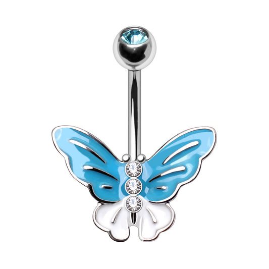 CZ Crystal Aqua Butterfly Belly Button Ring - 316L Stainless Steel