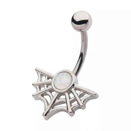 Spider Web with White Glitter Opal Belly Button Ring - 316L Stainless Steel