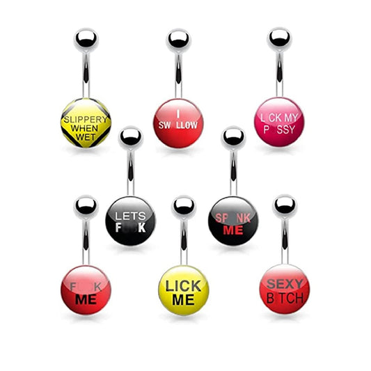 Set of 8 Naughty Funny Belly Button Rings - 316L Stainless Steel