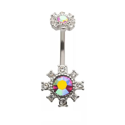 Clear and Aurora Borealis Crystals in Flower Design Belly Button Ring - 316L Stainless Steel