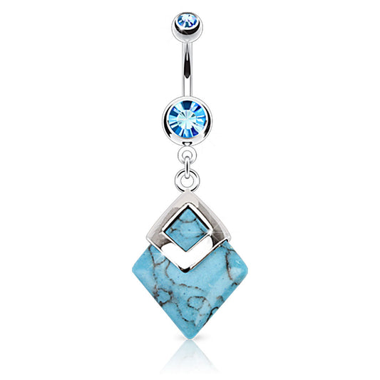 Turquoise Diamond Shaped Semi Precious Stone Mounted Navel Belly Ring - 316L Stainless Steel