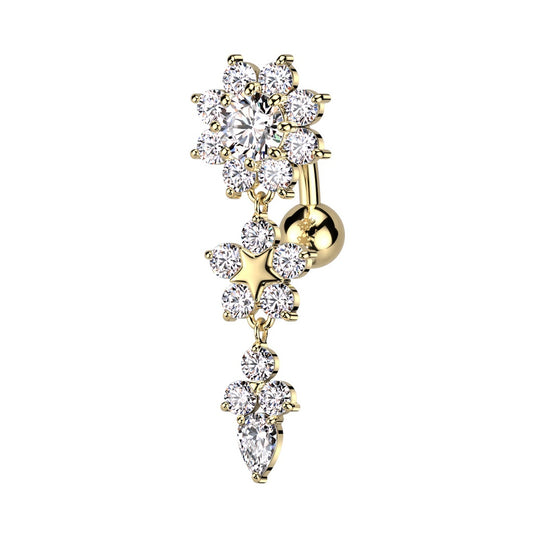 CZ Crystal Double Flower Top Drop Reverse Belly Button Ring - 316L Stainless Steel