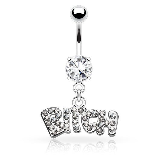 CZ Crystal Bitch Dangling Belly Button Ring - Stainless Steel