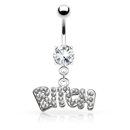 CZ Crystal Bitch Dangling Belly Button Ring - Stainless Steel