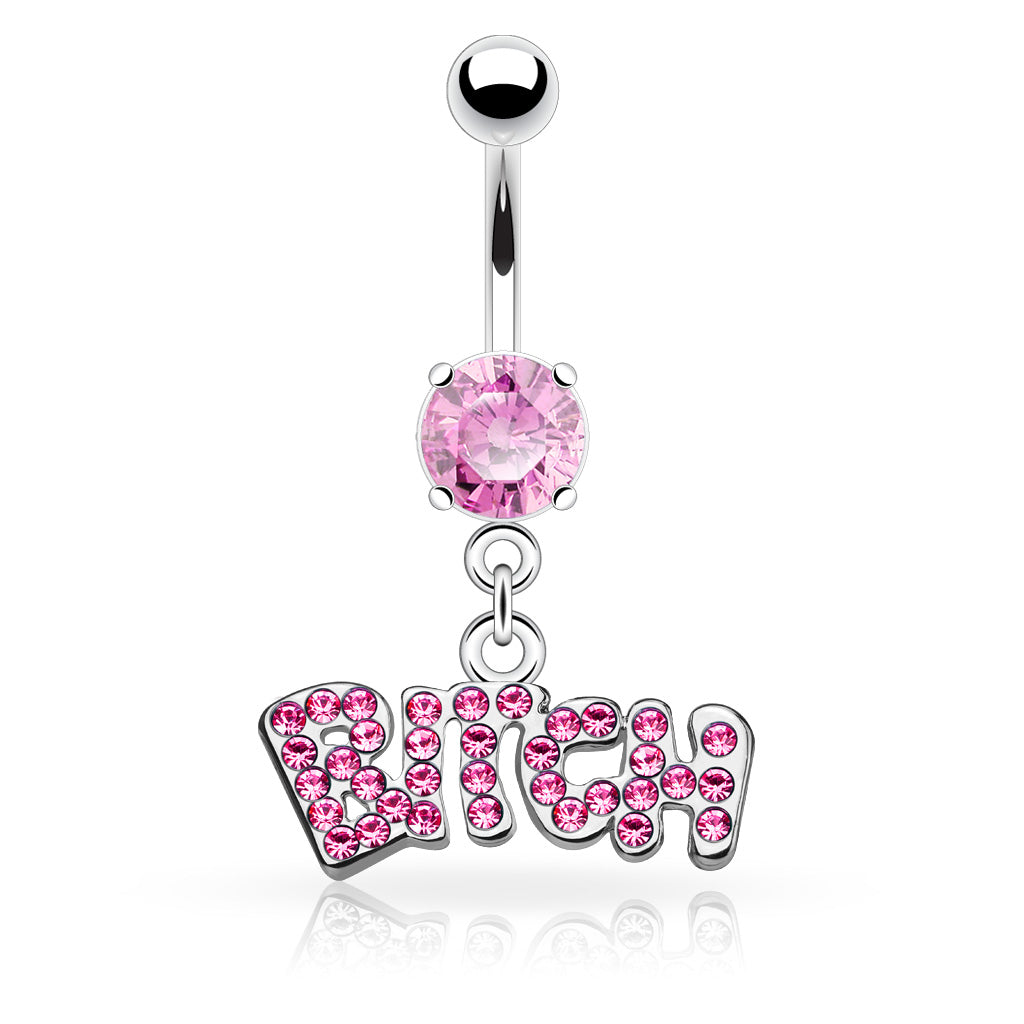 CZ Crystal Bitch Dangling Belly Button Ring - Stainless Steel