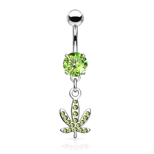 Green Gemmed Marijuana Pot Leaf Dangling Belly Button Ring - Stainless Steel