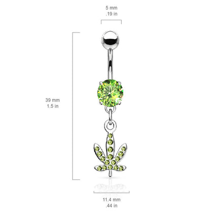 Green Gemmed Marijuana Pot Leaf Dangling Belly Button Ring - Stainless Steel