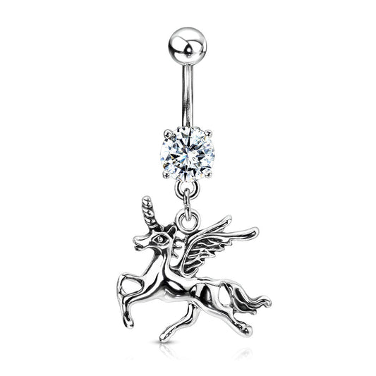 Winged Unicorn Charm Dangle Belly Button Ring - 316L Stainless Steel
