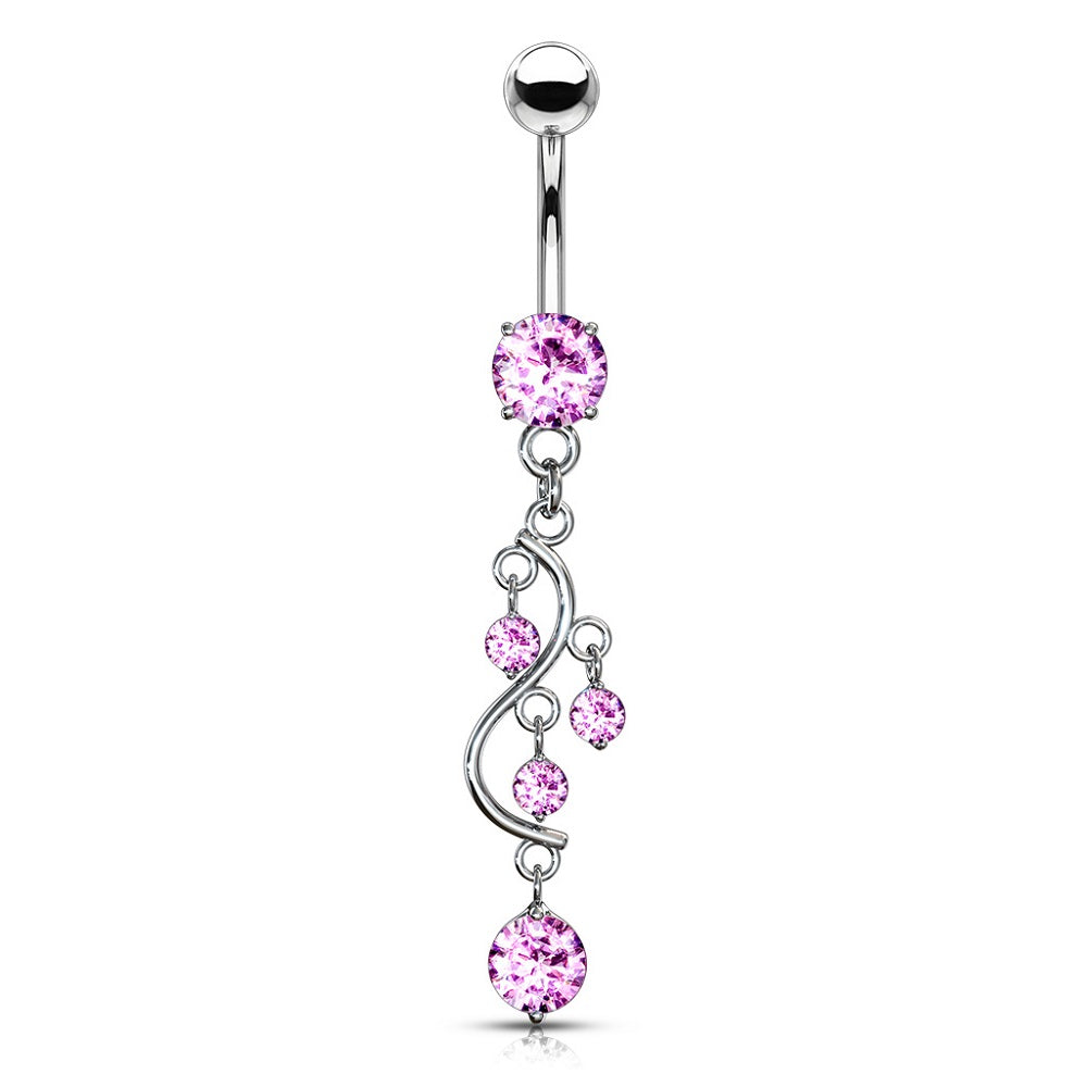 Cascading CZ Crystal Vine Dangling Belly Button Ring - Stainless Steel