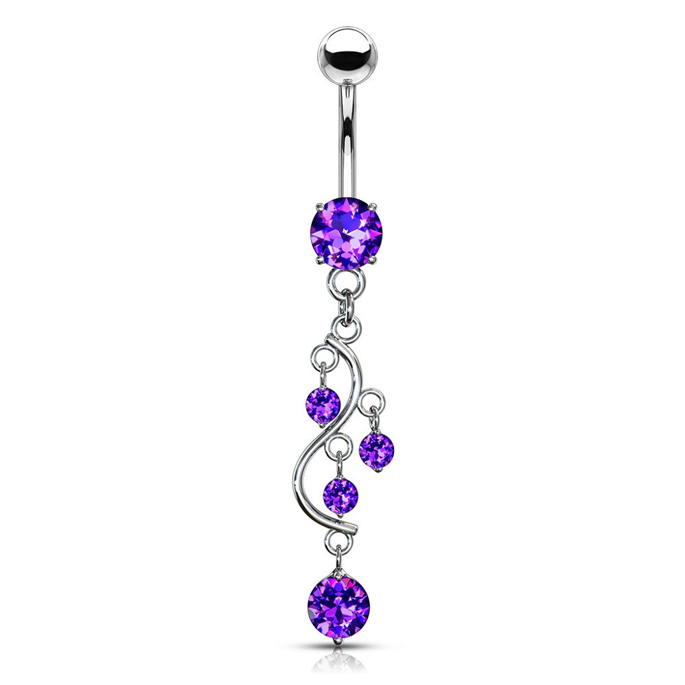 Cascading CZ Crystal Vine Dangling Belly Button Ring - Stainless Steel