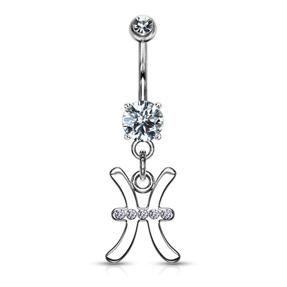 CZ Crystal Zodiac Sign Dangling Belly Button Ring - 316L Stainless Steel