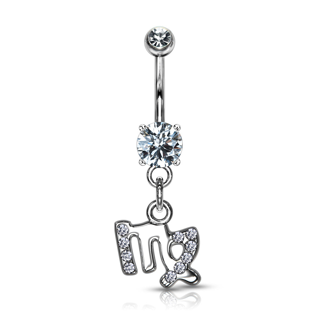 CZ Crystal Zodiac Sign Dangling Belly Button Ring - 316L Stainless Steel