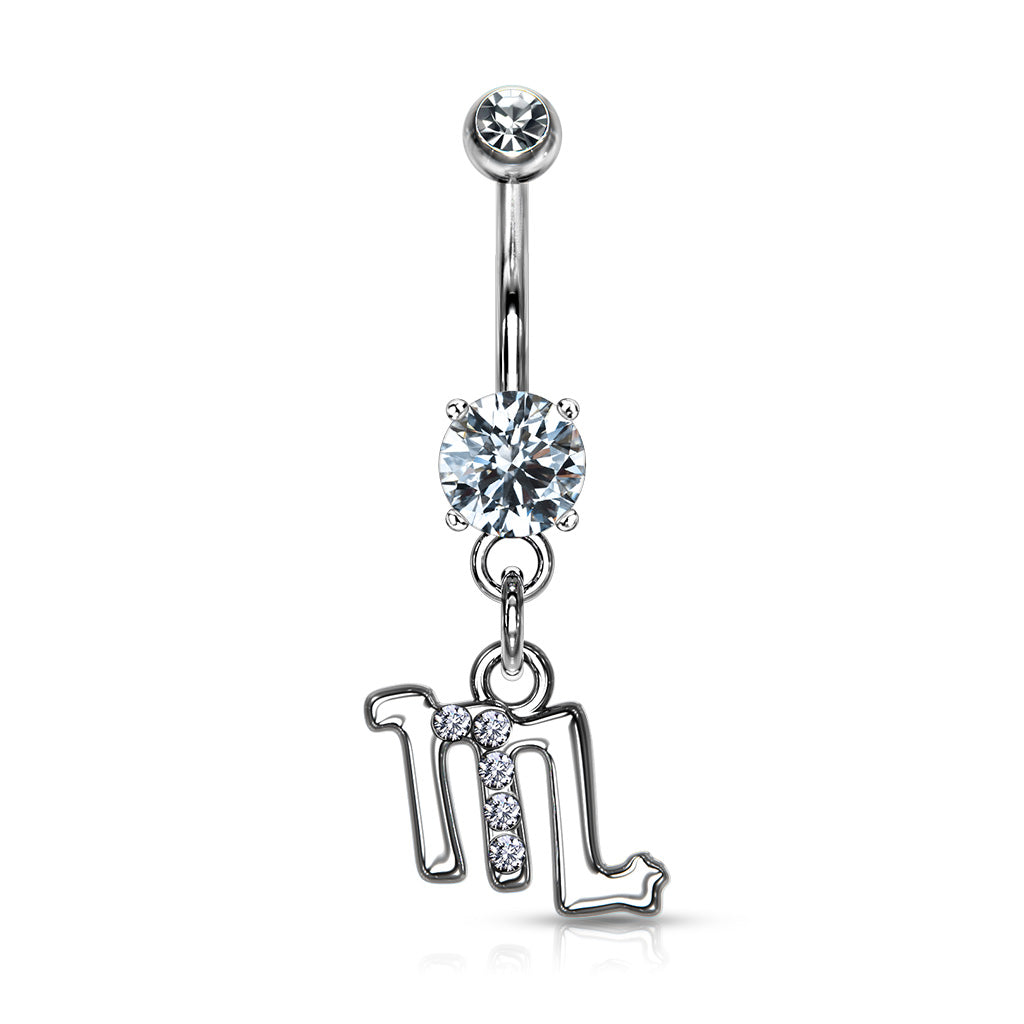 CZ Crystal Zodiac Sign Dangling Belly Button Ring - 316L Stainless Steel