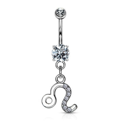 CZ Crystal Zodiac Sign Dangling Belly Button Ring - 316L Stainless Steel